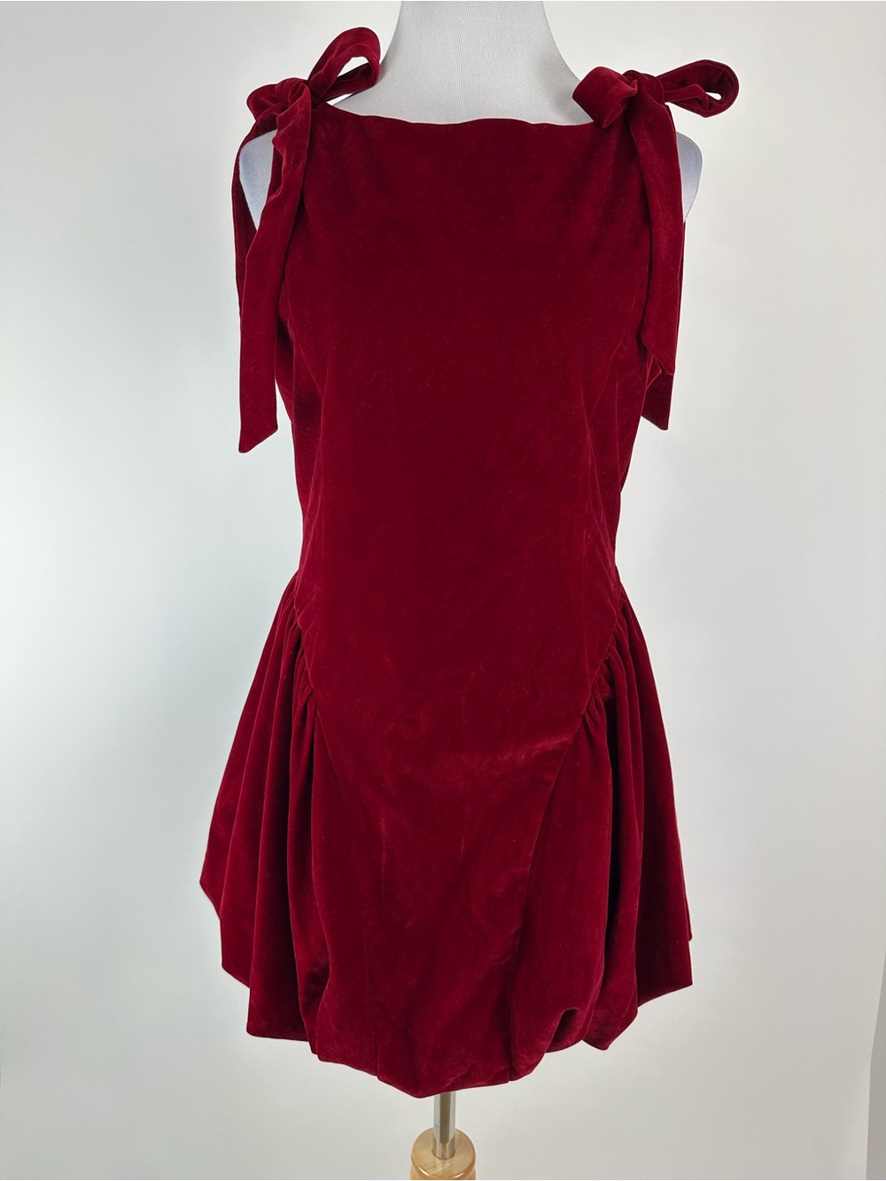 CIDER Red Velvet Bubble Skirt Mini Dress Bow Shoulder Size Medium